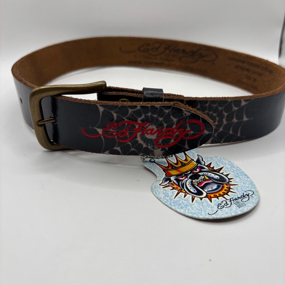 Ed Hardy Christian Audigier Black Leather Belt Spider Web Bulldog Size S NWT